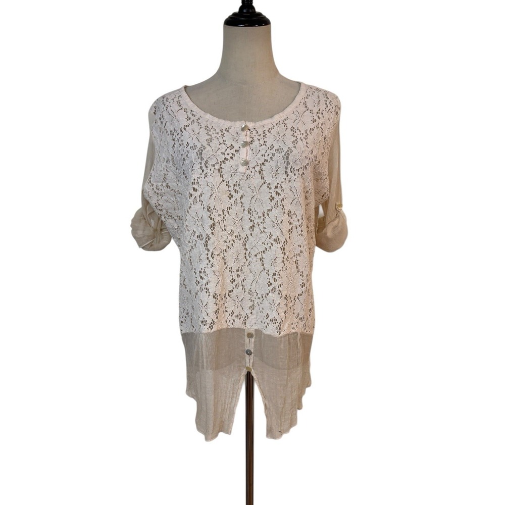 Italian Lace Top Boho Blouse Sheer Silk Sleeve Cottagecore Romantic Resort